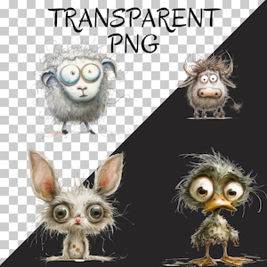 May include: A digital illustration of four cartoon animals with large eyes. A white sheep, a brown bull, a white rabbit, and a brown duck.