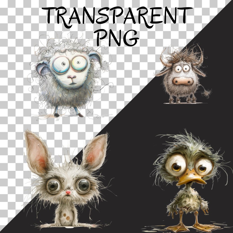 May include: A digital illustration of four cartoon animals with large eyes. A white sheep, a brown bull, a white rabbit, and a brown duck.