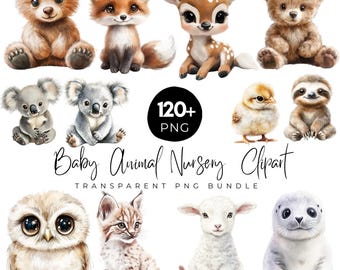 120+ baby dieren kwekerij png-bundel, schattige baby dieren clipart, bos safari boerderijdieren, baby dieren kunst aan de muur, sublimatie ontwerpen