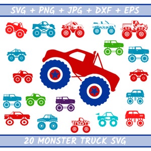 20 Monstertruck svg Clipart Bundle, Transport Cliparts, Monstertruck-Vektorgrafik, Grabbagger svg, Bauernhof Junge LKW svg Designs
