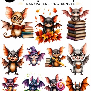 May include: A digital collection of 50 Quirky Bats Clipart Transparent PNG Bundle featuring various illustrated bats. The bats are depicted with books, autumn leaves, a witch hat, a pencil, a cauldron, a lollipop, and glasses in colorful styles.