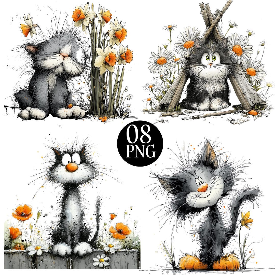 04 Watercolor Kitten Clipart PNG Bundle, Whimsical Spring Cat Floral ...