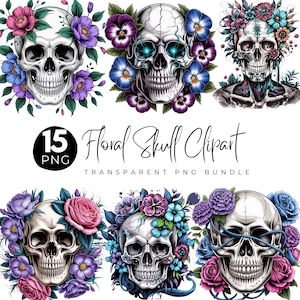 Könnte beinhalten: Eine Sammlung von floralen Totenkopf-Clipart-Bildern. Die weißen Schädel sind mit bunten Blumen in Rosa-, Lila- und Blautönen verziert. Der Text "15 PNG Floral Skull Clipart" ist ebenfalls vorhanden.