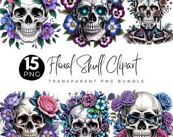 Floral Skull Png Clipart Bundle, Sublimation Designs, Colorful Floral, Skull Illustration , Transparent PNG, Digital Download