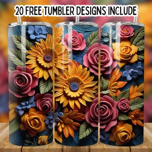 3D White Daisy Seamless Flower, Straight Sublimation Wrap Design, Tumbler PNG, Template, 20oz Skinny Tumbler Wrap PNG