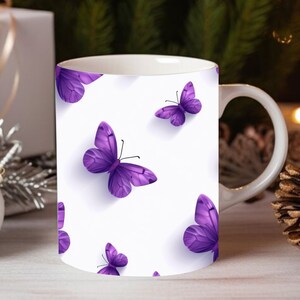 May include: White ceramic mug with a purple butterfly pattern. The butterflies are scattered across the mug and are in various positions.