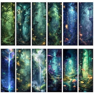 May include: A digital illustration of a magical forest with glowing lights, mushrooms, and a waterfall. The forest is filled with lush greenery and a path leading through the trees.