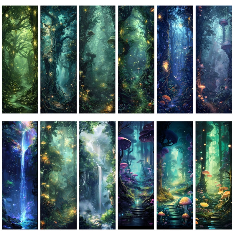 May include: A digital illustration of a magical forest with glowing lights, mushrooms, and a waterfall. The forest is filled with lush greenery and a path leading through the trees.