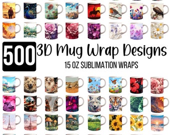 500 3D Mug Wrap Sublimation Design, Flowers Mug Wrap, 15oz Mug PNG, Butterfly Mug, Animal Mug, Coffee Mug Designs, Mug Wrap PNG Designs