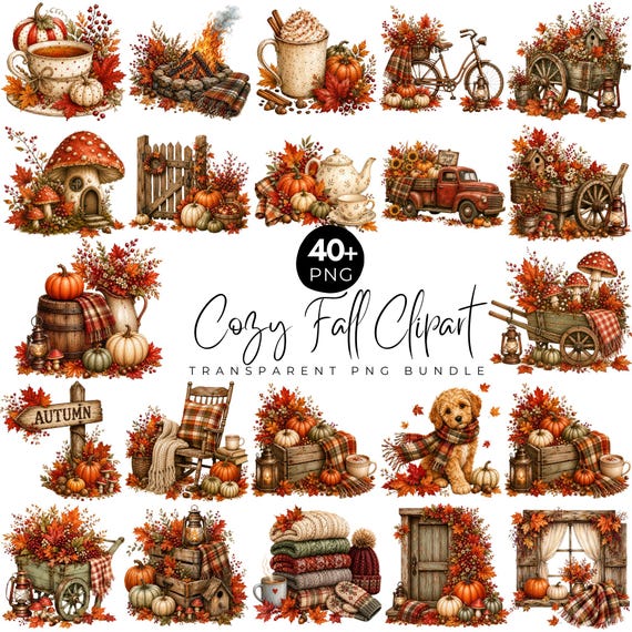 Cozy Fall Clipart PNG Bundle, Autumn Harvest, Cute Dog Png,  Rustic Pumpkin & Fall Decor, Farmhouse Autumn PNG, Thanksgiving Sublimation