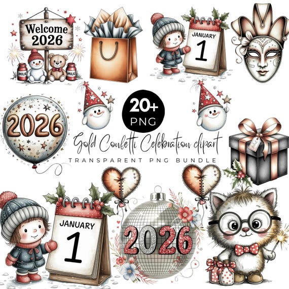 2026 New Year PNG Clipart Bundle, Cute Winter Characters, Gold New Year Decorations, January 1 Calendar PNG, Holiday Celebration Graphics