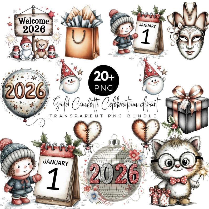 May include: A set of watercolour clipart elements with a New Year theme. Includes a welcome sign, snowman, teddy bear, calendar, gift box, balloon, disco ball, and a cat wearing glasses. The text includes "Welcome 2026" and "January 1".