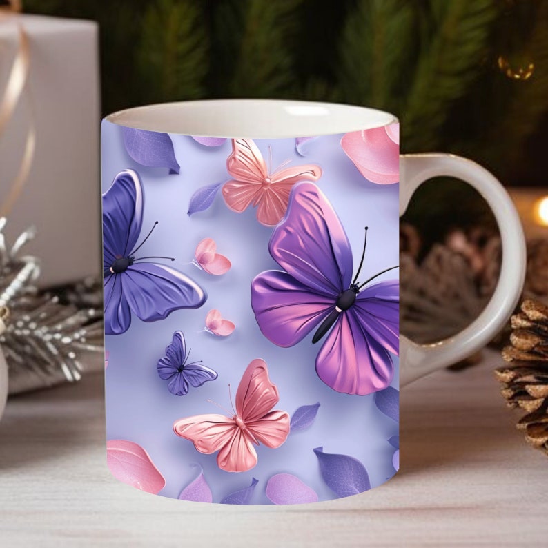 May include: White ceramic mug with a purple and pink butterfly design. The butterflies are 3D and have a glossy finish.
