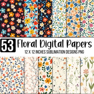 53 Floral Digital Paper Bundle Seamless Pattern PNG, Watercolor Vibrant Rich Garden Flowers, Scrapbook Paper, Digital Download
