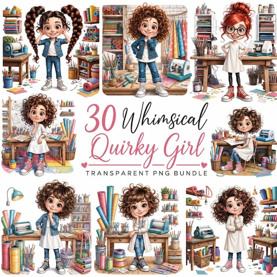 30 Whimsical Crafting Girl Clipart Bundle, Cute Creative Characters PNG, Digital Craft Graphics for DIY, Scrapbooking, Digital Download