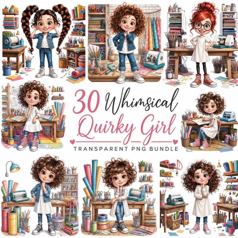 May include: A digital collection of 30 illustrations featuring a young girl with curly hair in various craft room settings with desks, shelves, art supplies, and sewing machines, labelled with the text 30 Whimsical Quirky Girl TRANSPARENT PNG BUNDLE.