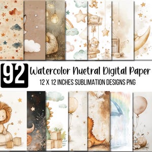 Könnte beinhalten: Eine Sammlung von 92 neutralen Aquarell-Digitalpapieren, jeweils 30,48 x 30,48 cm, für Sublimation. Die Designs zeigen sanfte Pastellfarben und Illustrationen von Sternen, Wolken, Tieren und anderen Baby-Themen.