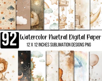 92 Carta digitale neutra ad acquerello, PNG per sublimazione Boho Baby, carta neutra per cameretta 12x12, sfondi con clipart di leoni e orsi carini, pacchetto PNG