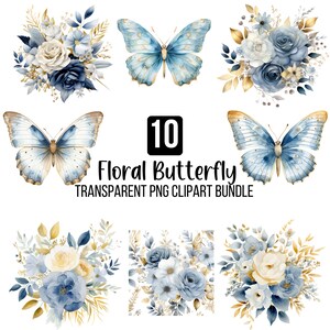Pacote de clipart de borboleta azul aquarela png, borboleta floral aquarela, borboletas azuis pastel, flores azuis e douradas e borboletas png