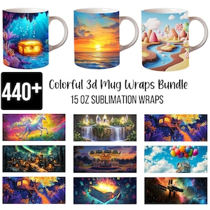 May include: A collection of colorful 15 oz sublimation mug wraps. The mugs feature vibrant fantasy scenes, including an underwater treasure chest, a sunset over the ocean, and a candy land. The image also includes a white unicorn, a carousel, and a house carried by balloons.