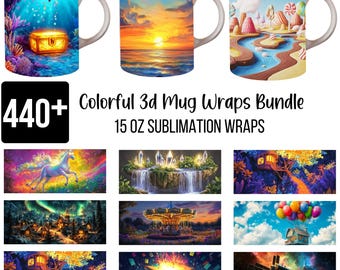 440+ Colorful 3D Mug Wraps, Fantasy Landscape Sublimation Designs, Dreamy Sunset & Magical Scenes, 15 oz Mug Wrap PNG Bundle, Digital PNG