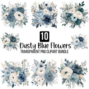 Clipart de flores azul polvoriento, flores de acuarela PNG, clipart de boda de hortensias azul claro, clipart floral azul, descarga digital