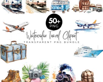 50+ Watercolor Travel Clipart Bundle, Transparent PNG Travel Elements, Plane, Train & Ship Designs Clipart, Digital Download