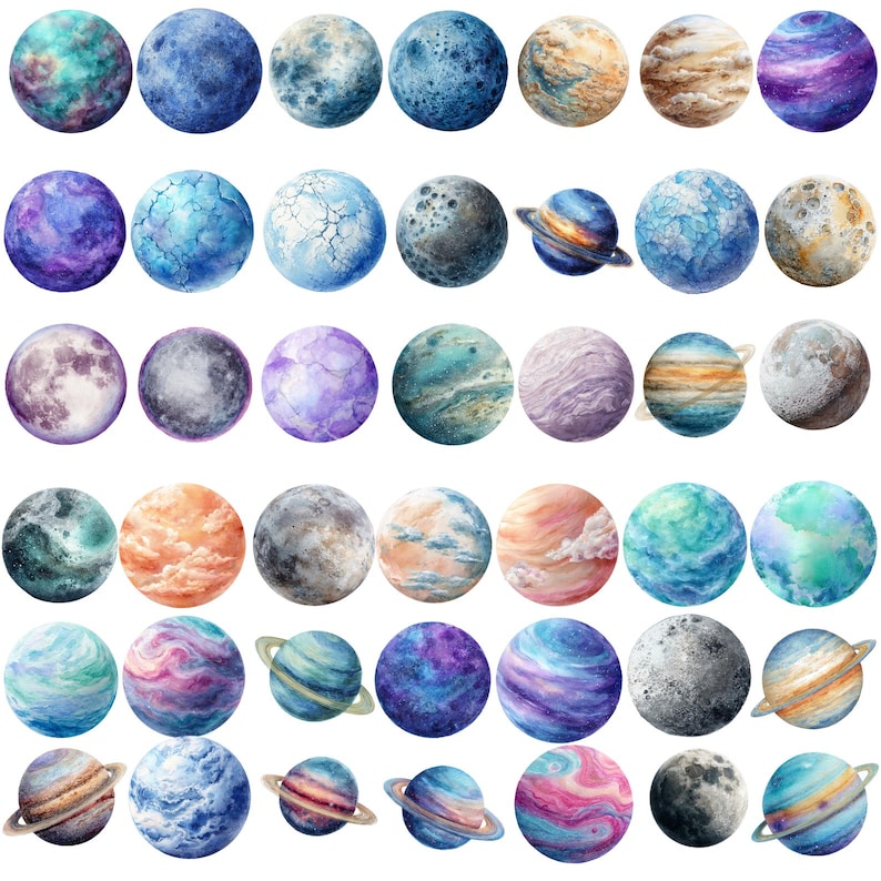 May include: A collection of watercolor planet illustrations in various colors, including blue, purple, orange, and green. Each planet has unique textures and patterns, with some featuring rings. The planets are arranged in a grid pattern.