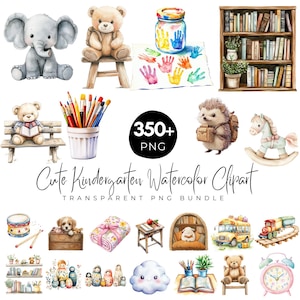 350+ Niedliche Kindergarten Aquarell Clipart, Schule Elemente PNG, Klassenzimmer Dekor Clipart, Teddy Bär, Bücher, Kunst Liefert