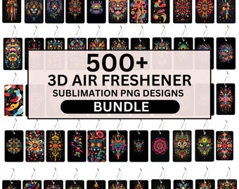 May include: A digital download of 500+ 3D air freshener sublimation PNG designs. The designs are colorful and feature a variety of patterns and shapes.