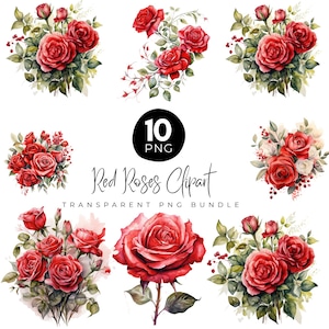 10 rosas rojas (Png), rosas rojas transparentes, rosas rojas de acuarela, invitación de boda, marcos prediseñados, descarga digital