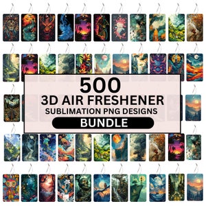 May include: A collection of 500 3D air freshener sublimation PNG designs. The designs feature a variety of colorful and abstract patterns, including landscapes, animals, and geometric shapes.