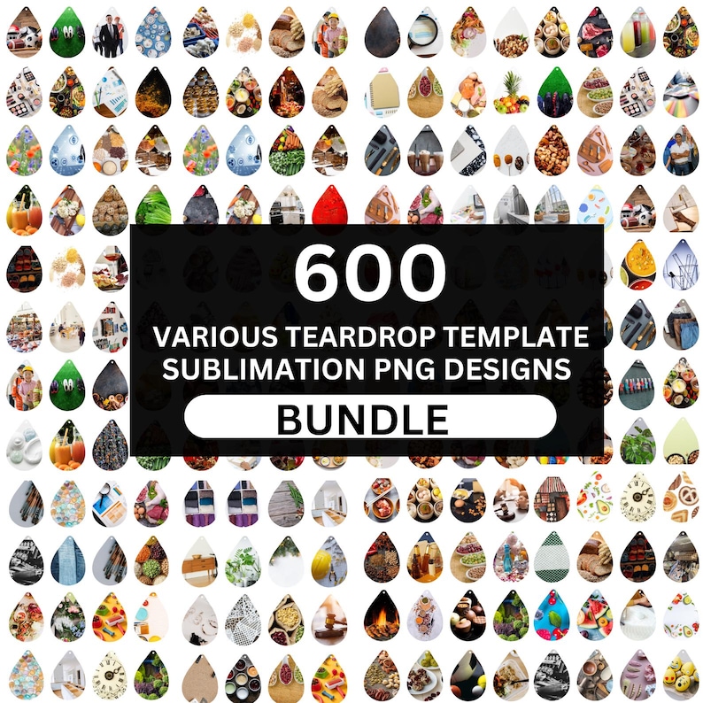 May include: A bundle of 600 teardrop-shaped sublimation PNG designs. The designs showcase diverse patterns and images, including food, nature, and abstract art. The text "600 VARIOUS TEARDROP TEMPLATE SUBLIMATION PNG DESIGNS BUNDLE" is displayed.
