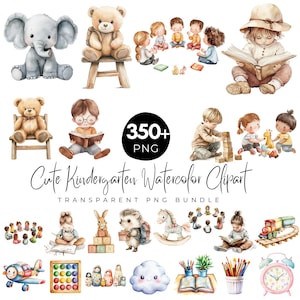 Plus de 350 mignons cliparts aquarelle maternelle, éléments scolaires PNG, Clipart déco de salle de classe, ours en peluche, livres, fournitures d'art