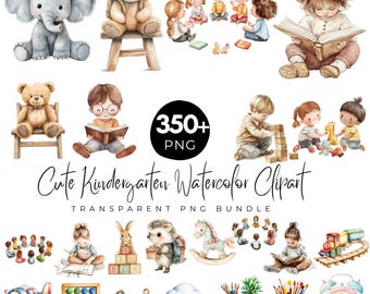 Más de 350 imágenes prediseñadas de acuarela de jardín de infantes, elementos escolares PNG, imágenes prediseñadas de decoración de aula, ositos de peluche, libros y materiales de arte.