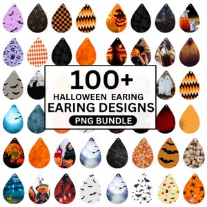 May include: A collection of Halloween-themed earring designs in various shapes and colors. The designs include bats, pumpkins, ghosts, and other spooky elements. The image also contains the text "100+ HALLOWEEN EARRING DESIGNS PNG BUNDLE."