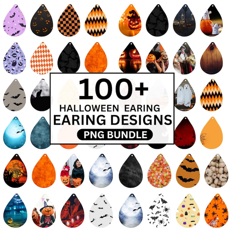 May include: A collection of Halloween-themed earring designs in various shapes and colors. The designs include bats, pumpkins, ghosts, and other spooky elements. The image also contains the text "100+ HALLOWEEN EARRING DESIGNS PNG BUNDLE."