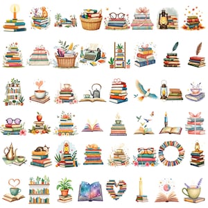 K&ouml;nnte beinhalten: Eine Sammlung von Aquarellillustrationen mit B&uuml;cherstapeln, die jeweils mit Elementen wie Blumen, Kerzen, Teetassen und Tieren verziert sind. Die Bilder zeigen ein gem&uuml;tliches, literarisches Thema mit warmer Farbpalette.