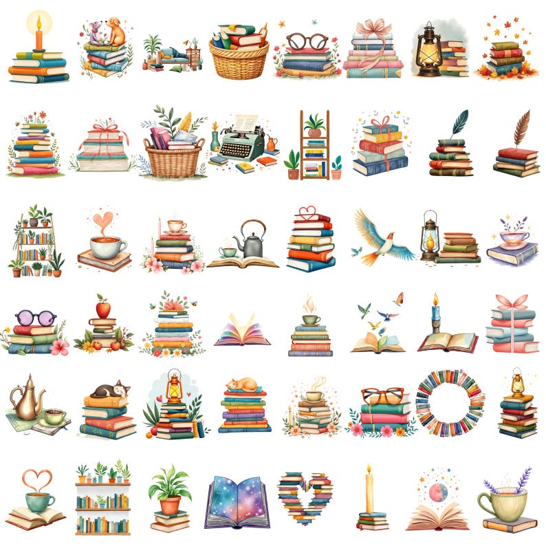 K&ouml;nnte beinhalten: Eine Sammlung von Aquarellillustrationen mit B&uuml;cherstapeln, die jeweils mit Elementen wie Blumen, Kerzen, Teetassen und Tieren verziert sind. Die Bilder zeigen ein gem&uuml;tliches, literarisches Thema mit warmer Farbpalette.