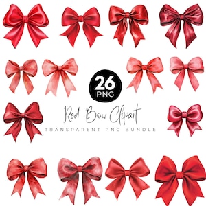May include: A collection of 12 red bow clipart images in various styles. The bows range in shades of red, from bright to deep crimson, and are arranged on a white background. The text "Red Bow Clipart" and "Transparent PNG Bundle" is also included.