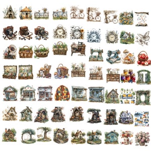 May include: A collection of watercolor illustrations featuring various charming cottagecore and whimsical themes. The illustrations include houses, gardens, bicycles, sewing machines, clocks, and other objects. The illustrations are painted in a soft, romantic style with a focus on detail.