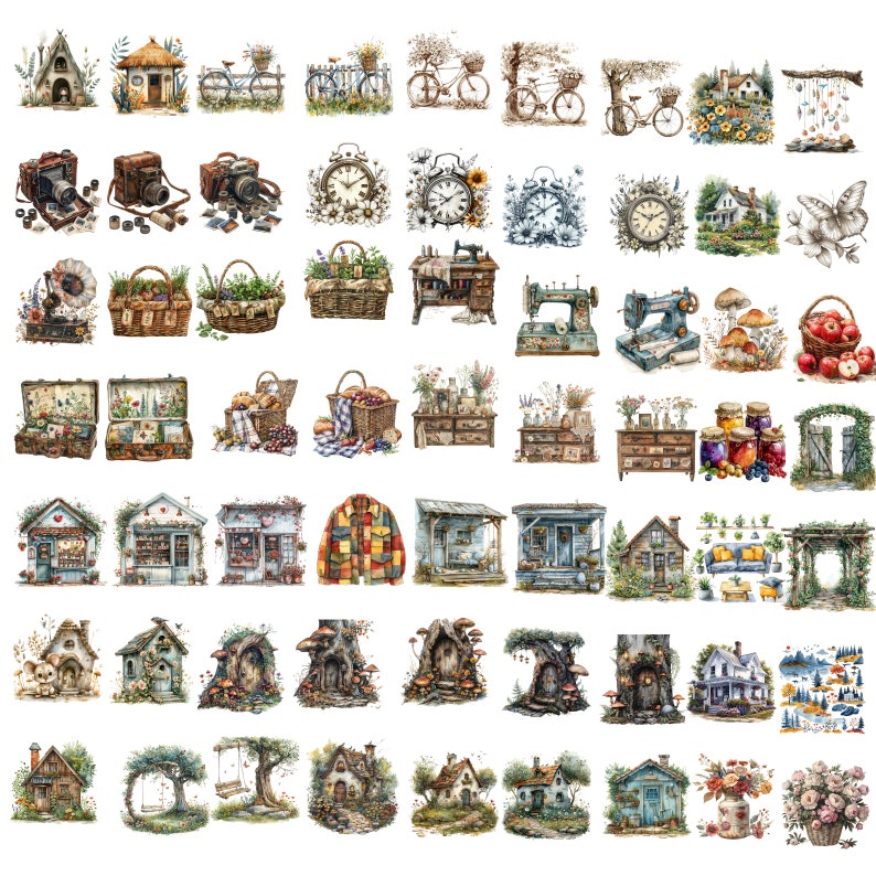 May include: A collection of watercolor illustrations featuring various charming cottagecore and whimsical themes. The illustrations include houses, gardens, bicycles, sewing machines, clocks, and other objects. The illustrations are painted in a soft, romantic style with a focus on detail.