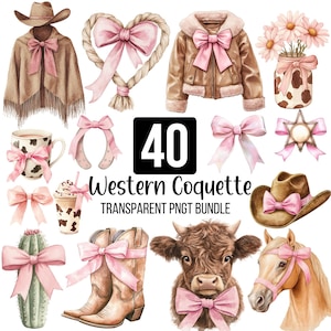 40 Western Coquette PNG Bundle, Western Coquette Bow Clipart, House, Hat & Mug Bow Designs, Cowgirl Hat, Cowboy Boots PNG, Digital Download