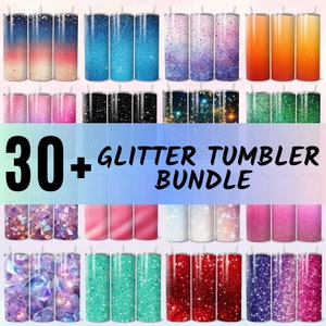 May include: A collection of 30+ glitter tumbler designs. The tumblers feature a variety of colors and patterns, including pink, blue, green, red, and purple.  The tumblers are perfect for adding a touch of sparkle to your everyday life.