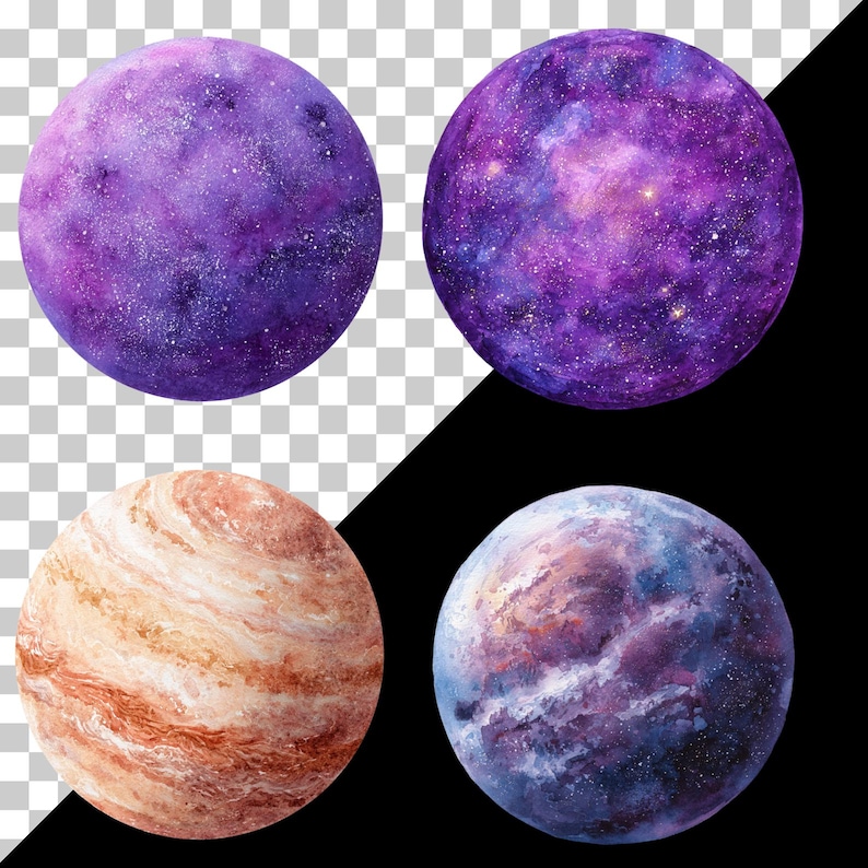 May include: Four watercolor planet illustrations. Two planets are purple with white speckles, one with a galaxy design. The third planet is tan with brown stripes. The fourth planet is blue and purple.