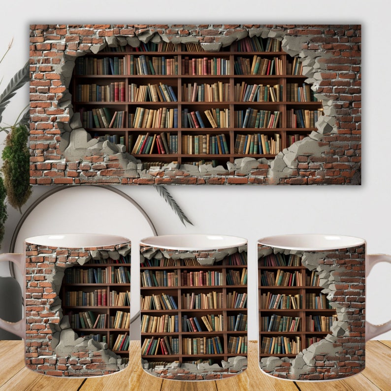 May include: Three white ceramic mugs with a design of a brick wall with a bookshelf breaking through the wall. The bookshelf is filled with books of various colors and sizes.