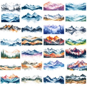 May include: A collection of 24 watercolour paintings depicting various mountain landscapes. The paintings feature different colour palettes, including blue, green, purple, and orange. Each painting showcases a unique perspective of a mountain range, with some featuring snow-capped peaks, while others depict lush forests and valleys.