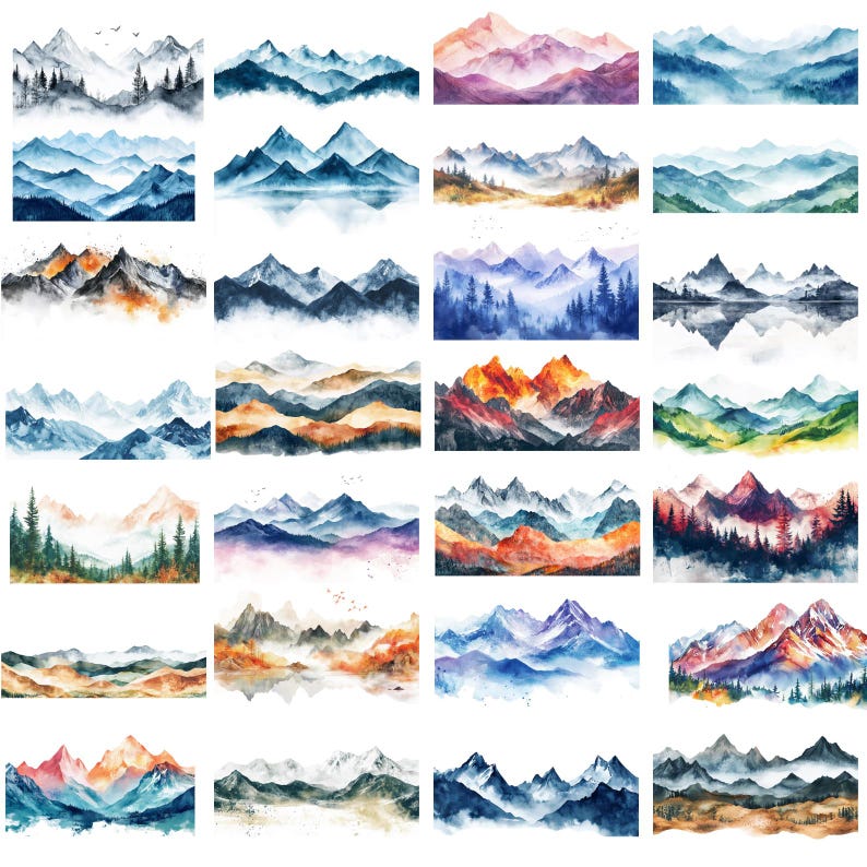 May include: A collection of 24 watercolour paintings depicting various mountain landscapes. The paintings feature different colour palettes, including blue, green, purple, and orange. Each painting showcases a unique perspective of a mountain range, with some featuring snow-capped peaks, while others depict lush forests and valleys.