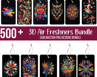May include: A bundle of 500+ 3D air freshener designs for sublimation printing. The designs feature a variety of colorful and abstract patterns, including geometric shapes, flowers, and animals.