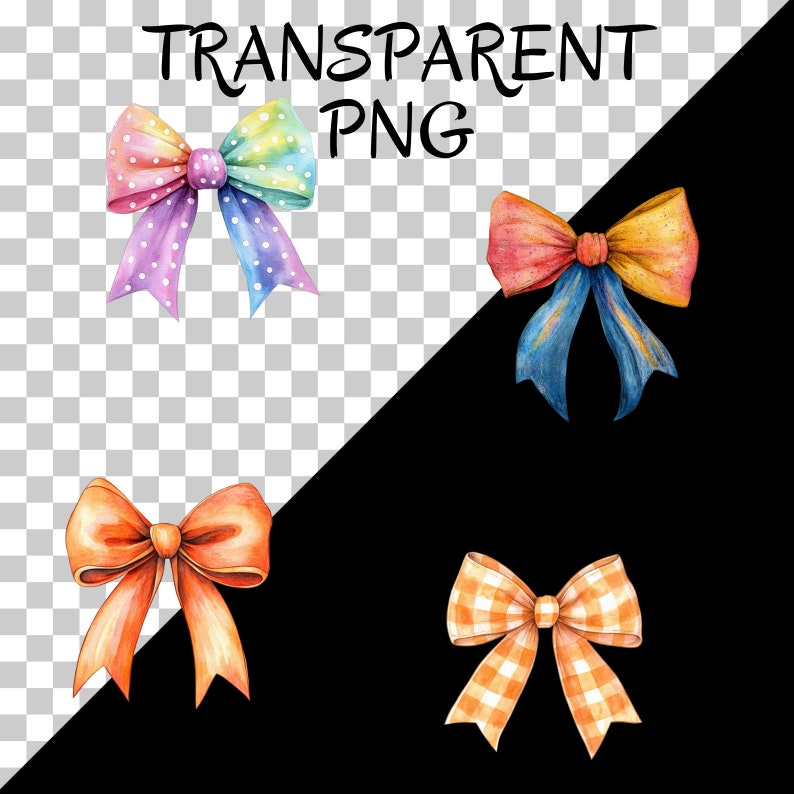 May include: Four watercolour illustrations of bows in different colours and patterns. The bows are isolated on a white background.